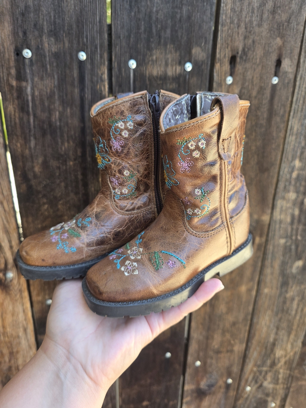 Shyanne Brown Leather Embroidered Toddler Boots - Floral Detail